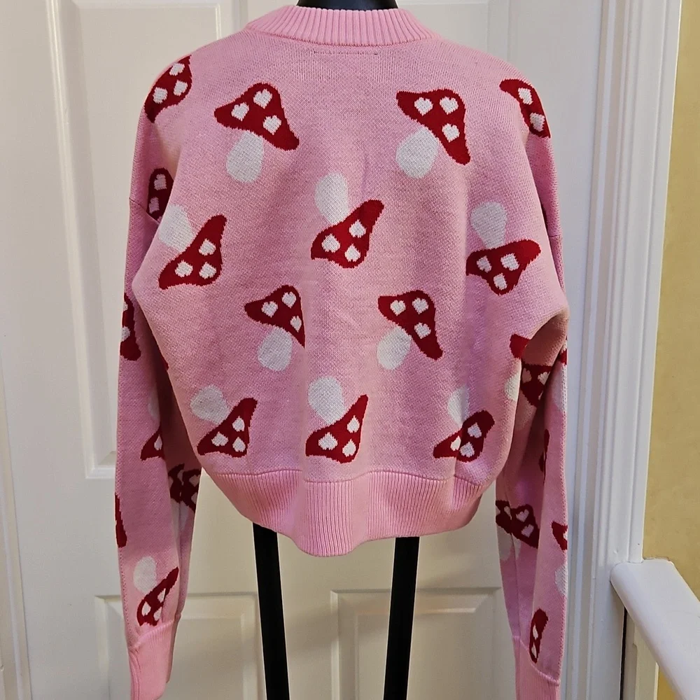 SWEET SOCIETY Pink Mushroom Cardigan with Heart Buttons - L